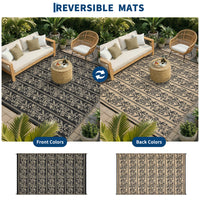 Garvee Waterproof Reversible Outdoor Rug - Boho Leaf Design - Large, UV & Mark Resistant, Washable Plastic Patio Mat with 4 Stakes & Storage Bag for RV, Camping, Deck, Balcony, Backyard, 9x18ft, Black Coffee