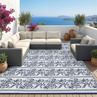 Garvee Waterproof Reversible Outdoor Rug - Boho Leaf Design - Large, UV & Mark Resistant, Collapsible Plastic Area Mat with Stakes & Storage Bag for Patio, RV, Camping, Deck, Balcony, 9x18ft, Navy Blue/White
