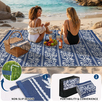 Garvee Waterproof Reversible Outdoor Rug - Boho Leaf Design - Large, UV & Mark Resistant, Collapsible Plastic Area Mat with Stakes & Storage Bag for Patio, RV, Camping, Deck, Balcony, 9x18ft, Navy Blue/White