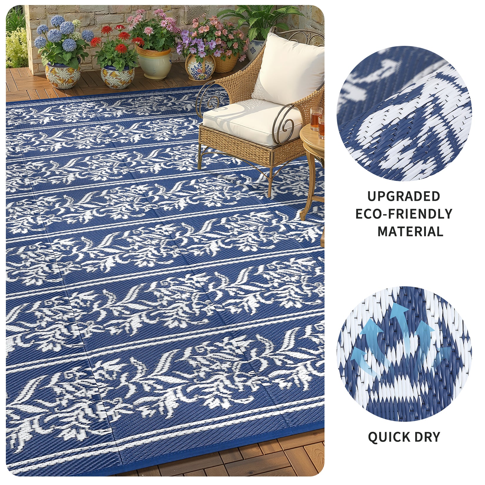 Garvee Waterproof Reversible Outdoor Rug - Boho Leaf Design - Large, UV & Mark Resistant, Collapsible Plastic Area Mat with Stakes & Storage Bag for Patio, RV, Camping, Deck, Balcony, 9x18ft, Navy Blue/White