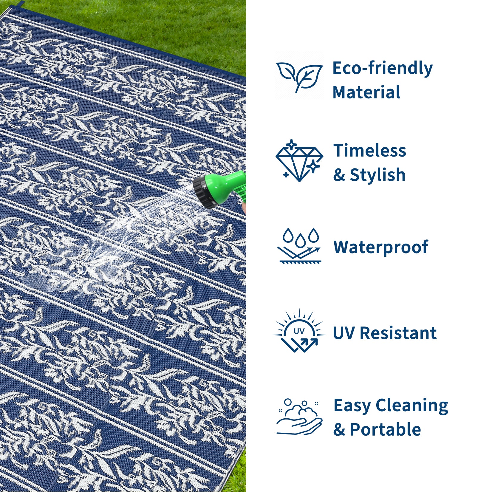 Garvee Waterproof Reversible Outdoor Rug - Boho Leaf Design - Large, UV & Mark Resistant, Collapsible Plastic Area Mat with Stakes & Storage Bag for Patio, RV, Camping, Deck, Balcony, 9x18ft, Navy Blue/White
