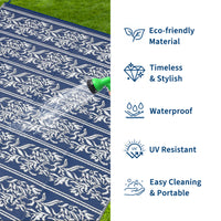 Garvee Waterproof Reversible Outdoor Rug - Boho Leaf Design - Large, UV & Mark Resistant, Collapsible Plastic Area Mat with Stakes & Storage Bag for Patio, RV, Camping, Deck, Balcony, 9x18ft, Navy Blue/White