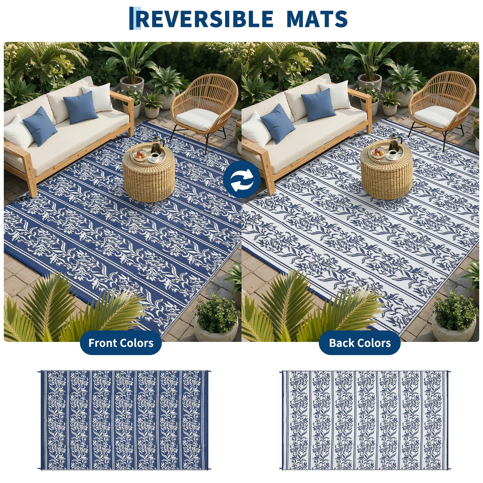 Garvee Waterproof Reversible Outdoor Rug - Boho Leaf Design - Large, UV & Mark Resistant, Collapsible Plastic Area Mat with Stakes & Storage Bag for Patio, RV, Camping, Deck, Balcony, 9x18ft, Navy Blue/White