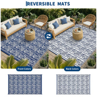 Garvee Waterproof Reversible Outdoor Rug - Boho Leaf Design - Large, UV & Mark Resistant, Collapsible Plastic Area Mat with Stakes & Storage Bag for Patio, RV, Camping, Deck, Balcony, 9x18ft, Navy Blue/White