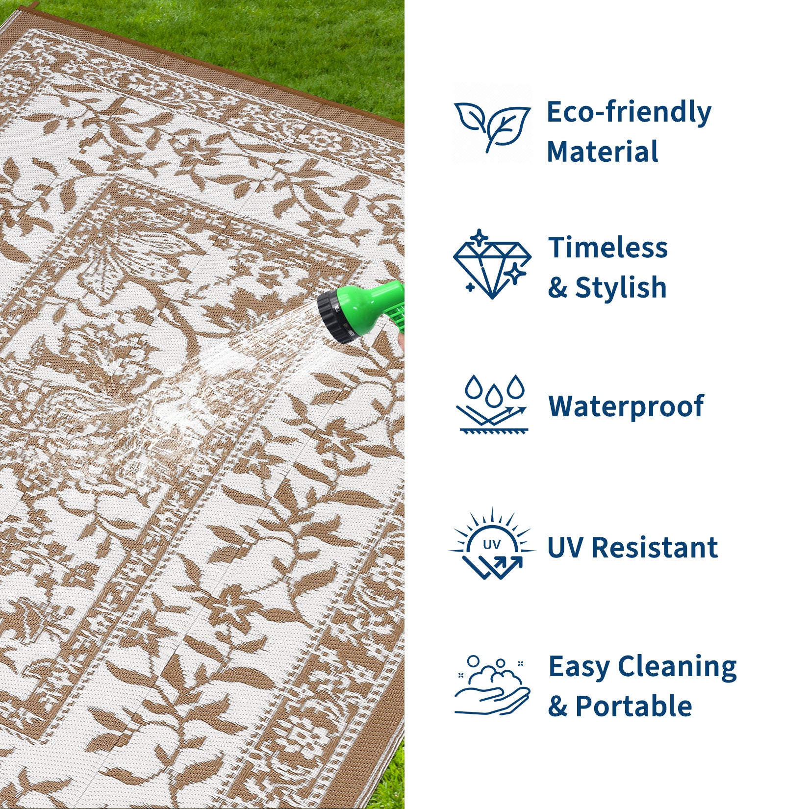 Garvee Reversible Outdoor Rug 9x12ft, Brown/White - Waterproof Plastic Woven Patio Mat, UV Resistant, Easy to Clean, Portable Carpet for Garden, Camping, Backyard