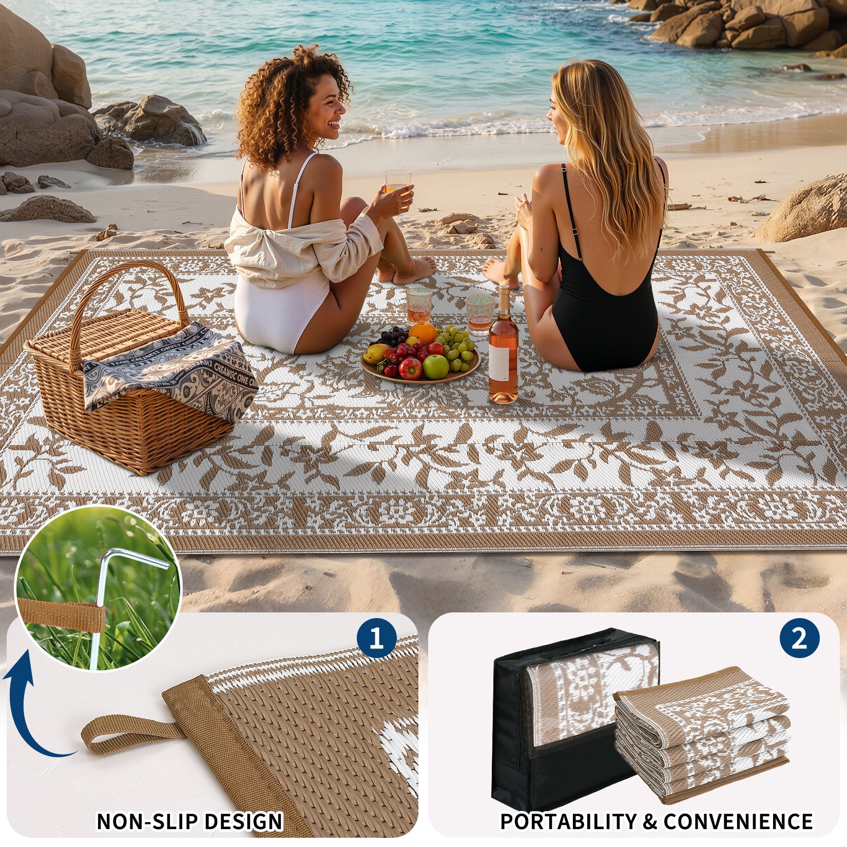 Garvee Reversible Outdoor Rug 9x12ft, Brown/White - Waterproof Plastic Woven Patio Mat, UV Resistant, Easy to Clean, Portable Carpet for Garden, Camping, Backyard
