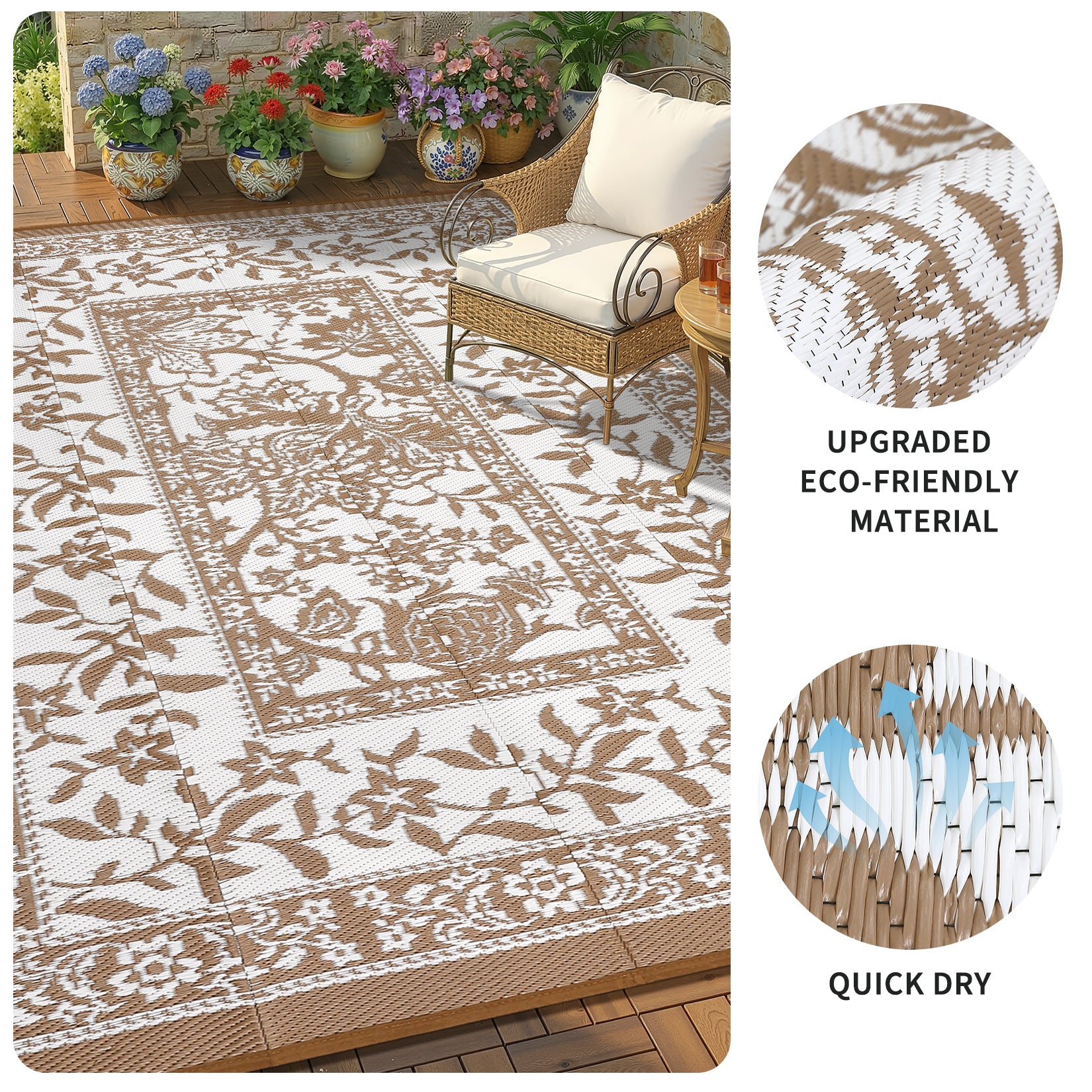 Garvee Reversible Outdoor Rug 9x12ft, Brown/White - Waterproof Plastic Woven Patio Mat, UV Resistant, Easy to Clean, Portable Carpet for Garden, Camping, Backyard