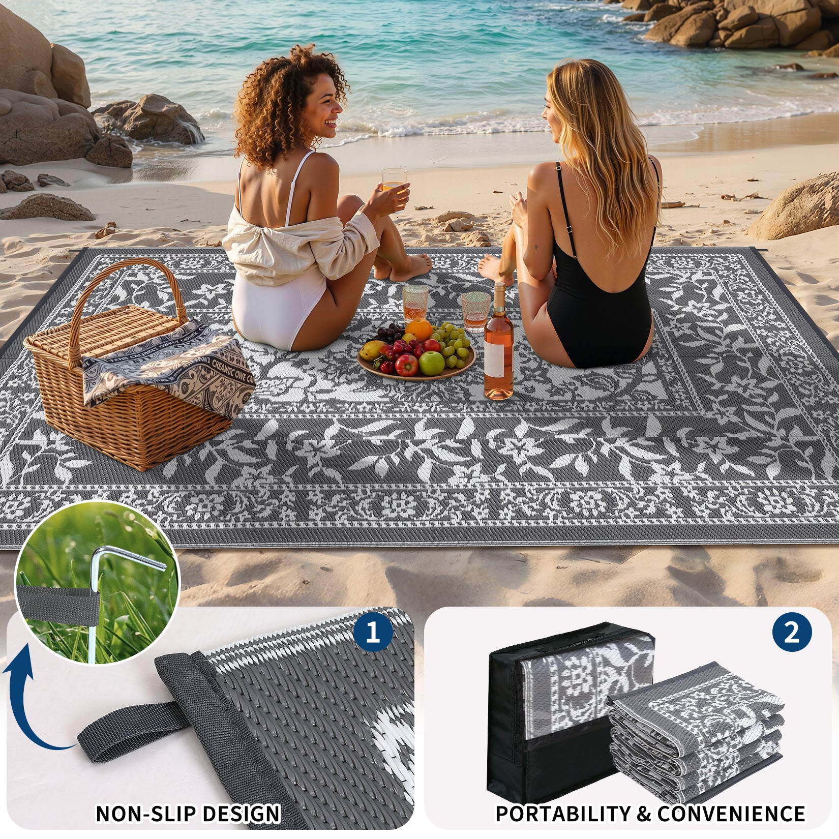 Garvee Reversible Outdoor Area Rug 10x14ft, Grey/White - Waterproof & UV Resistant Patio Mat, Easy Clean Garden Carpet, Portable Plastic Straw Design for Backyard, Camping, Picnic