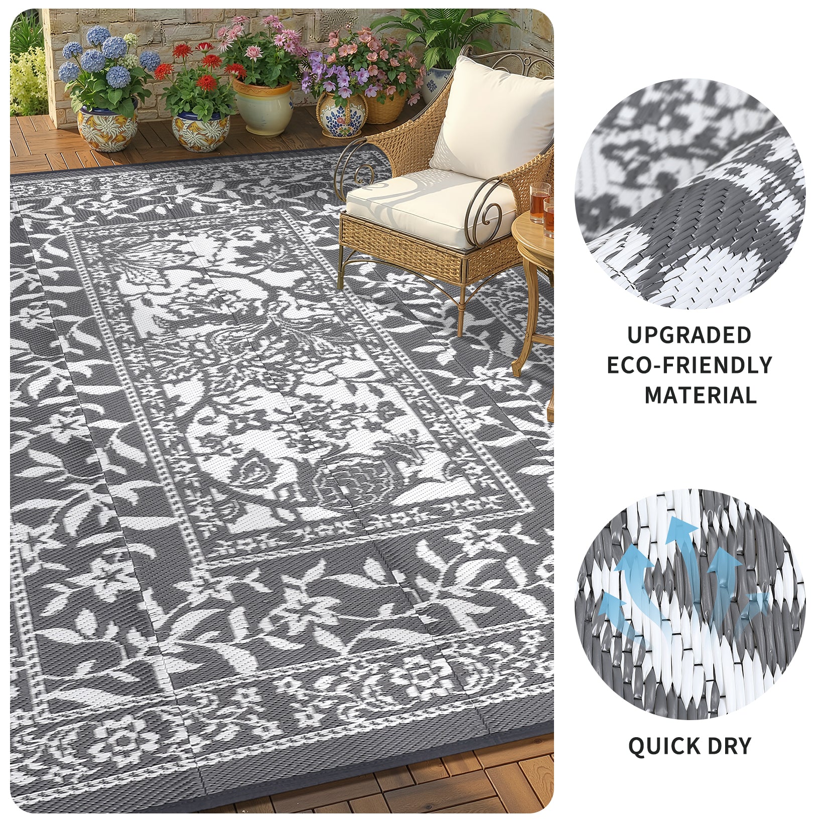 Garvee Reversible Outdoor Area Rug 10x14ft, Grey/White - Waterproof & UV Resistant Patio Mat, Easy Clean Garden Carpet, Portable Plastic Straw Design for Backyard, Camping, Picnic