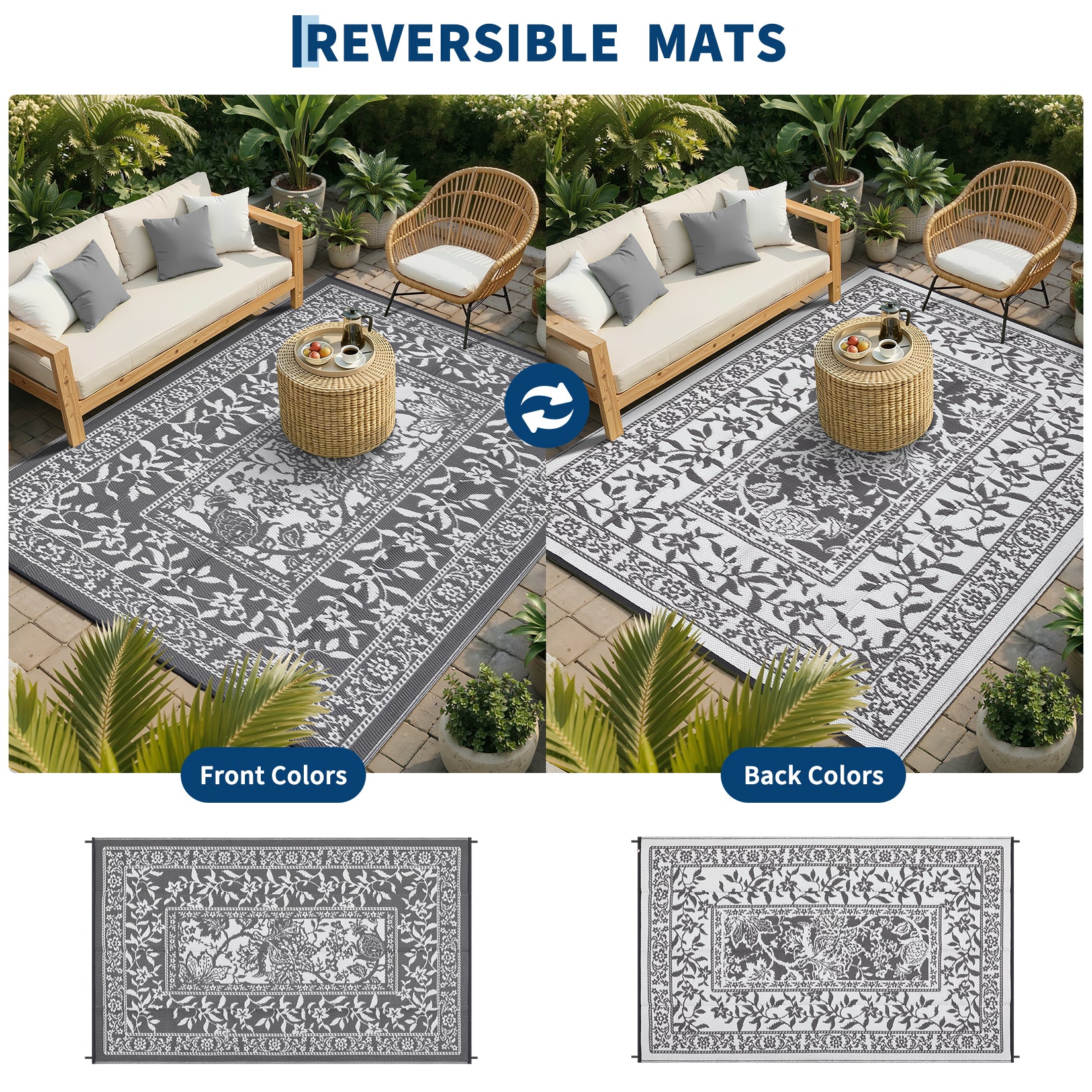Garvee Reversible Outdoor Area Rug 10x14ft, Grey/White - Waterproof & UV Resistant Patio Mat, Easy Clean Garden Carpet, Portable Plastic Straw Design for Backyard, Camping, Picnic