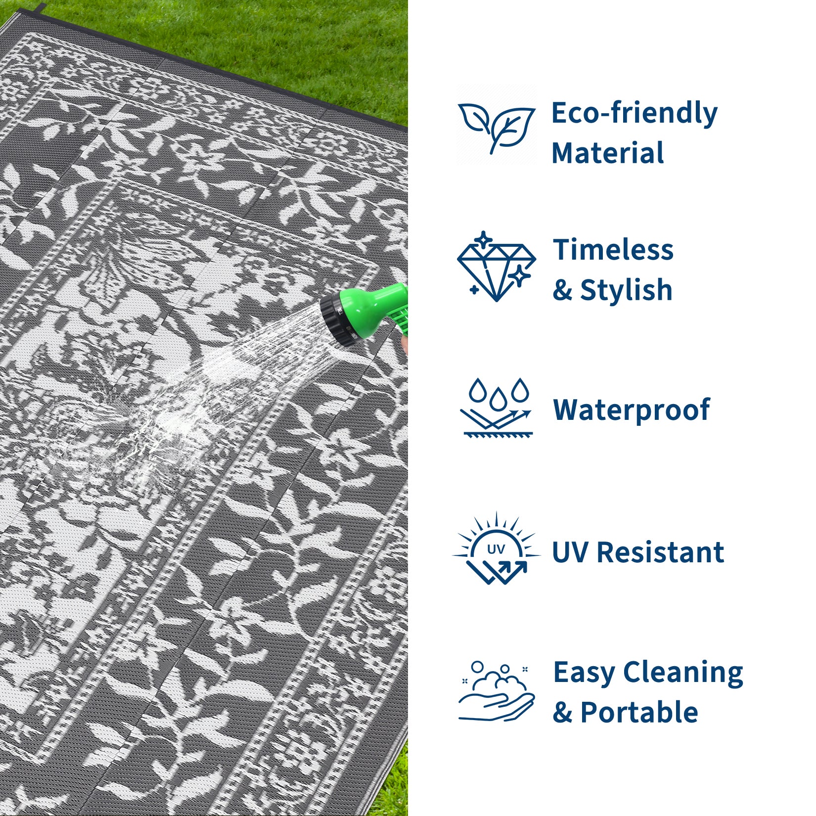 Garvee Reversible Outdoor Area Rug 10x14ft, Grey/White - Waterproof & UV Resistant Patio Mat, Easy Clean Garden Carpet, Portable Plastic Straw Design for Backyard, Camping, Picnic