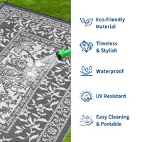 Garvee Reversible Outdoor Area Rug 10x14ft, Grey/White - Waterproof & UV Resistant Patio Mat, Easy Clean Garden Carpet, Portable Plastic Straw Design for Backyard, Camping, Picnic