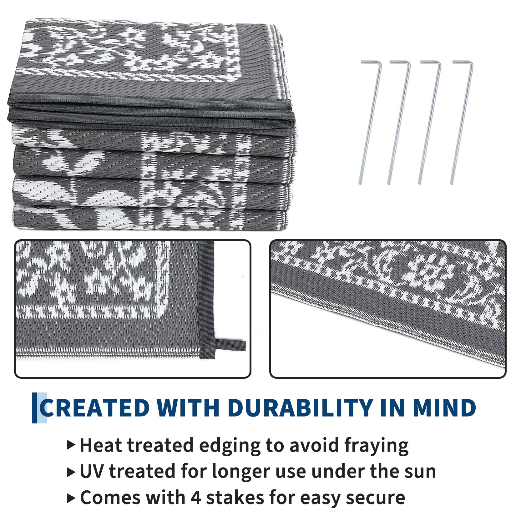 Garvee Reversible Outdoor Area Rug 10x14ft, Grey/White - Waterproof & UV Resistant Patio Mat, Easy Clean Garden Carpet, Portable Plastic Straw Design for Backyard, Camping, Picnic