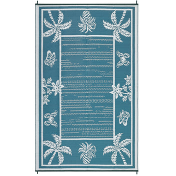 Garvee Outdoor Rug 8x10 Waterproof Reversible Tropical Leaf Plastic Straw Durable Patio Deck Camping Mat Blue/White