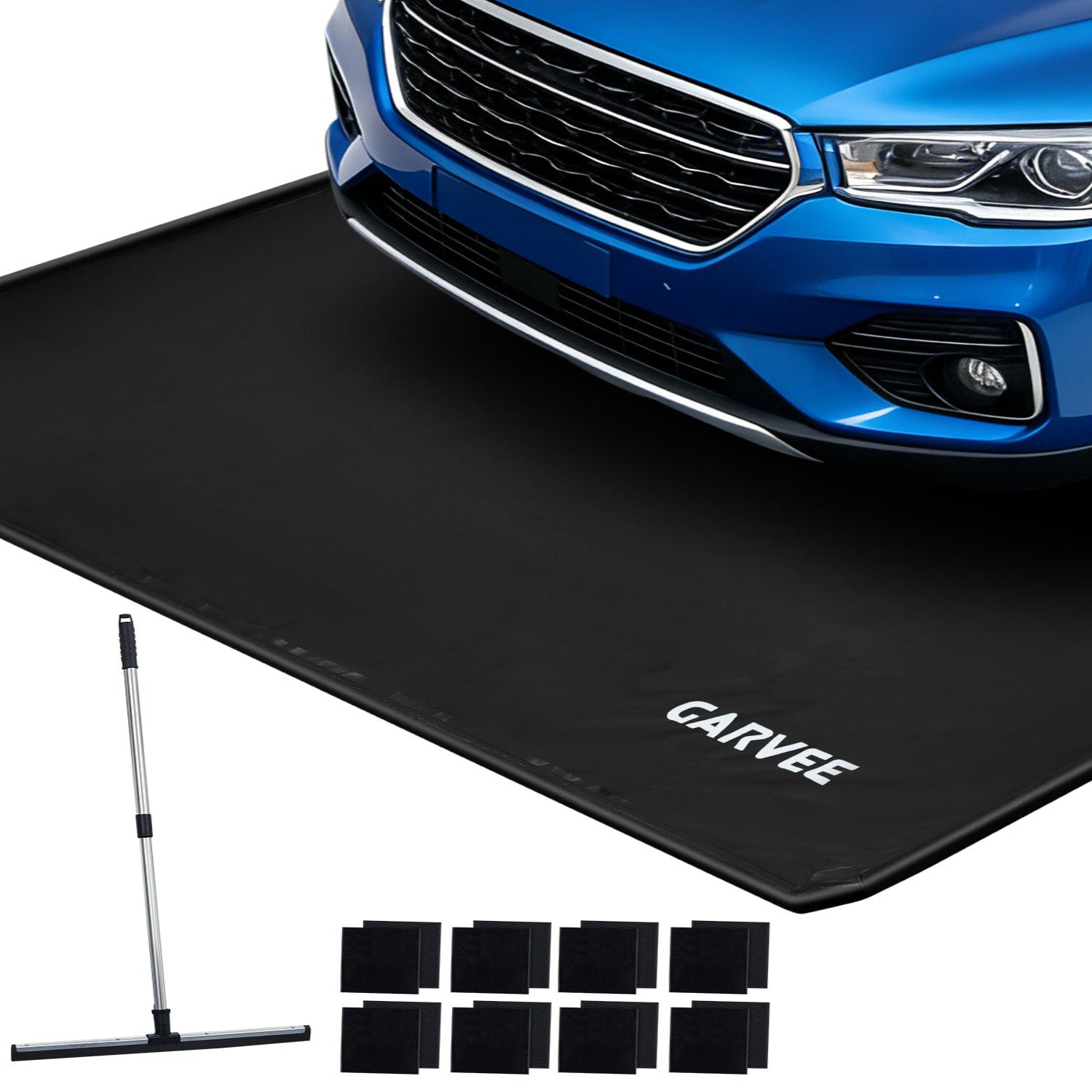 Garvee 8.6' × 22' Garage Floor Mat Waterproof Containment Mat with 1.2" Raised Edge, Heavy Duty 1000D PVC Non-Slip Under Car Mat for Snow Rain Mud, Includes Squeegee & 8 Hook-and-Loop Fasteners, Black