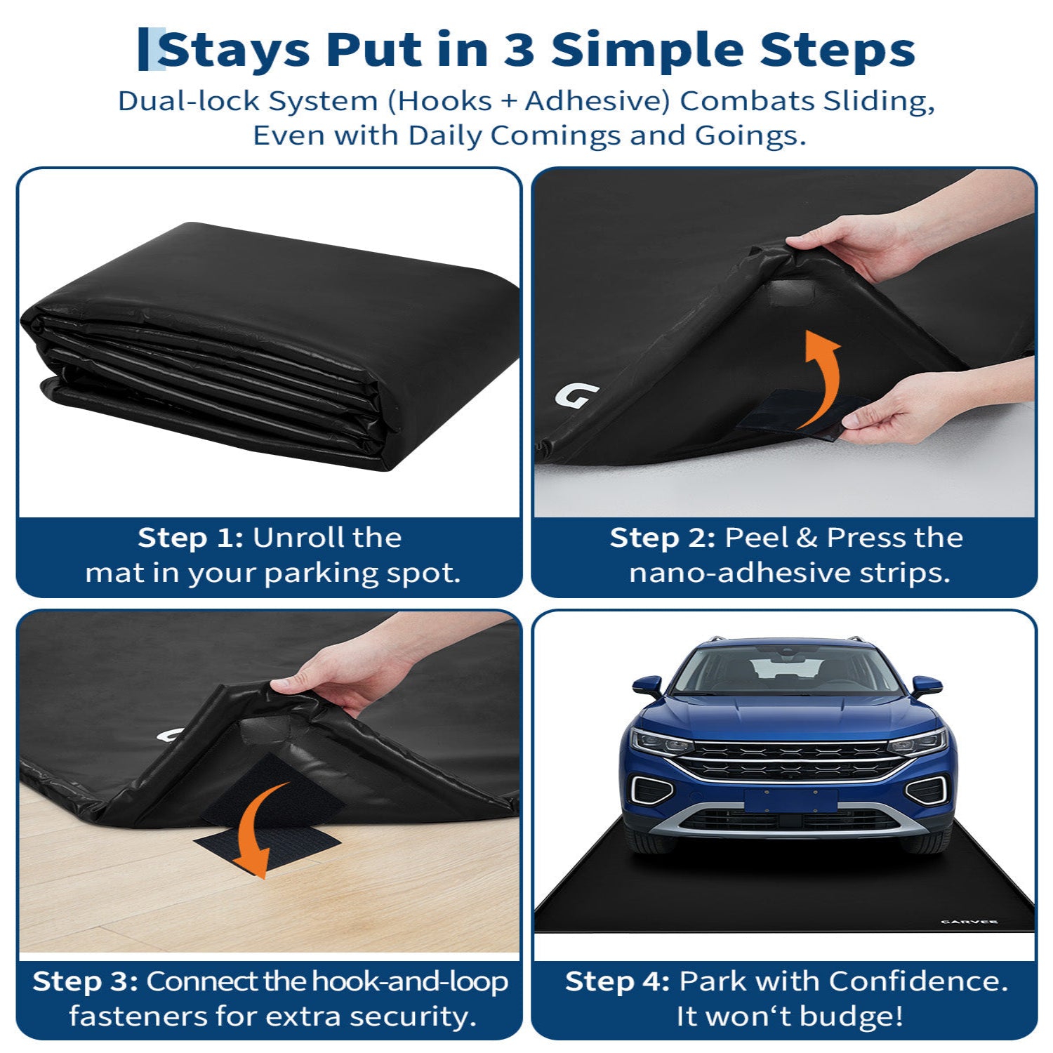 Garvee 8.6' × 22' Garage Floor Mat Waterproof Containment Mat with 1.2" Raised Edge, Heavy Duty 1000D PVC Non-Slip Under Car Mat for Snow Rain Mud, Includes Squeegee & 8 Hook-and-Loop Fasteners, Black