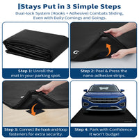 Garvee 8.6' × 22' Garage Floor Mat Waterproof Containment Mat with 1.2" Raised Edge, Heavy Duty 1000D PVC Non-Slip Under Car Mat for Snow Rain Mud, Includes Squeegee & 8 Hook-and-Loop Fasteners, Black