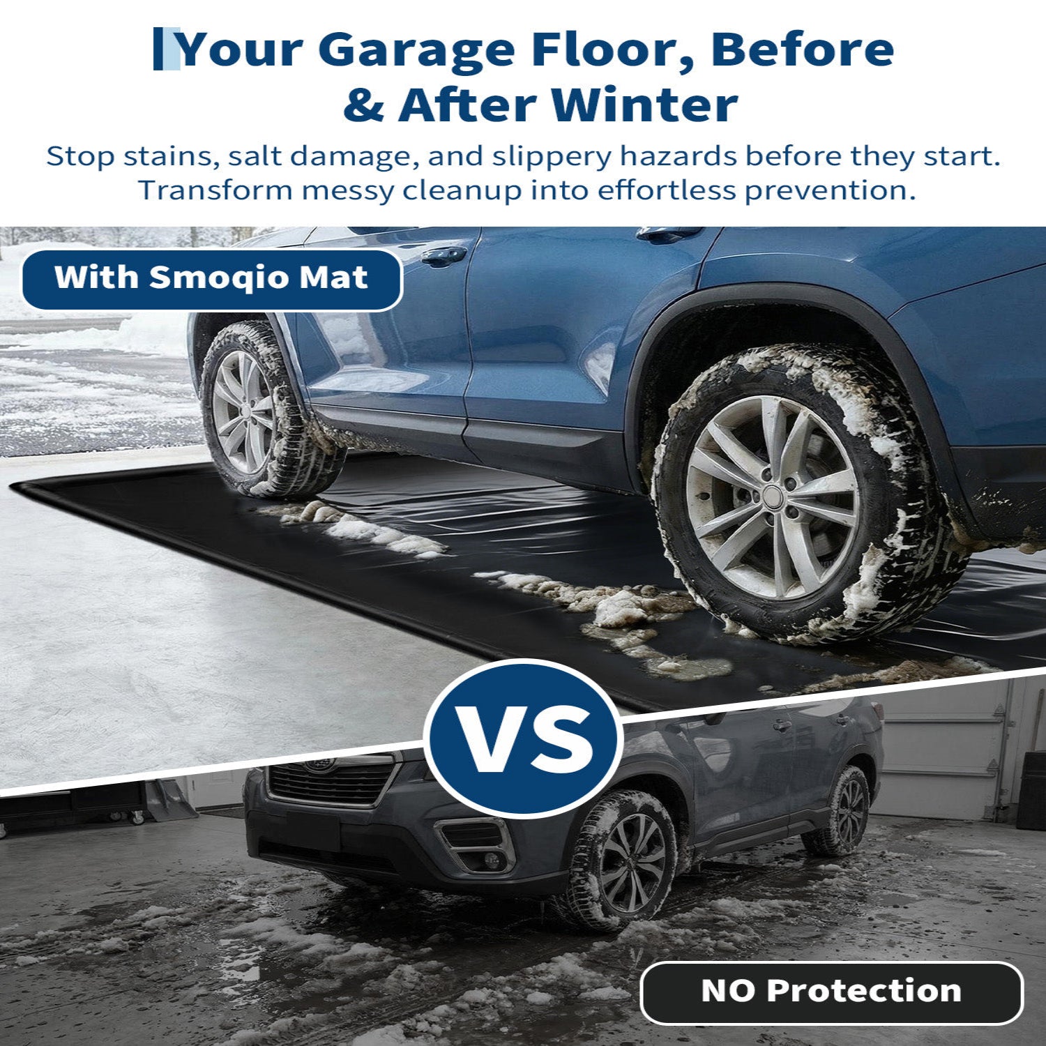 Garvee 8.6' × 22' Garage Floor Mat Waterproof Containment Mat with 1.2" Raised Edge, Heavy Duty 1000D PVC Non-Slip Under Car Mat for Snow Rain Mud, Includes Squeegee & 8 Hook-and-Loop Fasteners, Black