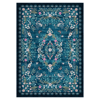 Garvee 9x12 Vintage Floral Area Rug, Soft Non-Slip Botanical Rug, Low Pile Living Room Bedroom Dining Room Rug, Teal Blue