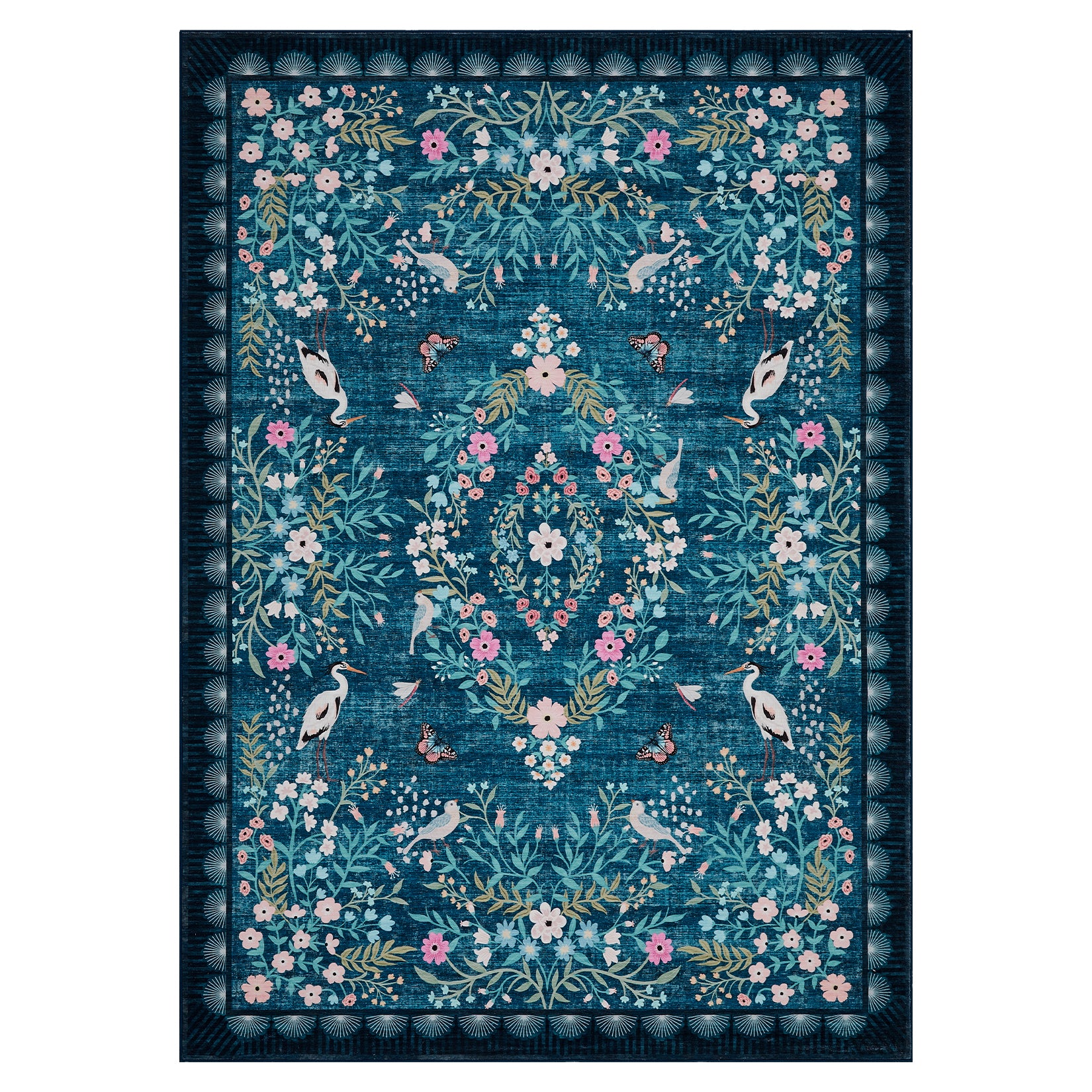 Garvee 9x12 Vintage Floral Area Rug, Soft Non-Slip Botanical Rug, Low Pile Living Room Bedroom Dining Room Rug, Teal Blue