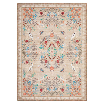 Garvee Washable Floral 5x7 Living Room Rugs, Distressed Oriental Bedroom Rug with Non Slip Back, Low Pile Large Stain Resistant Carpet Rug for Dining Room Office, Taupe