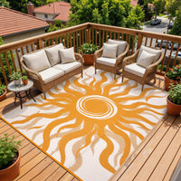 Garvee Outdoor Rug 9x12 Waterproof Patio Rug with Boho Sun Pattern, Reversible, UV-Resistant, Plastic Straw, Lightweight & Portable, Ideal for Deck & Camping