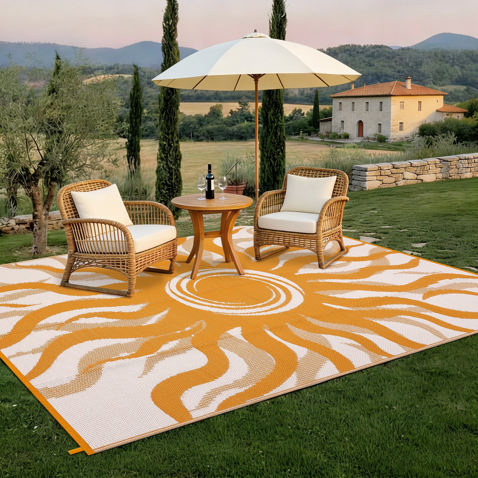 Garvee Outdoor Rug 9x12 Waterproof Patio Rug with Boho Sun Pattern, Reversible, UV-Resistant, Plastic Straw, Lightweight & Portable, Ideal for Deck & Camping