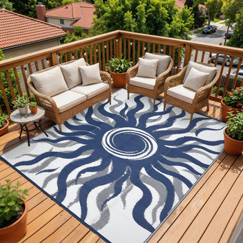 Garvee Outdoor Rug 8x10 Waterproof Patio Rug with Boho Sun Pattern, Reversible, UV-Resistant, Plastic Straw, Lightweight & Portable, Navy Blue, Ideal for Deck & Picnic