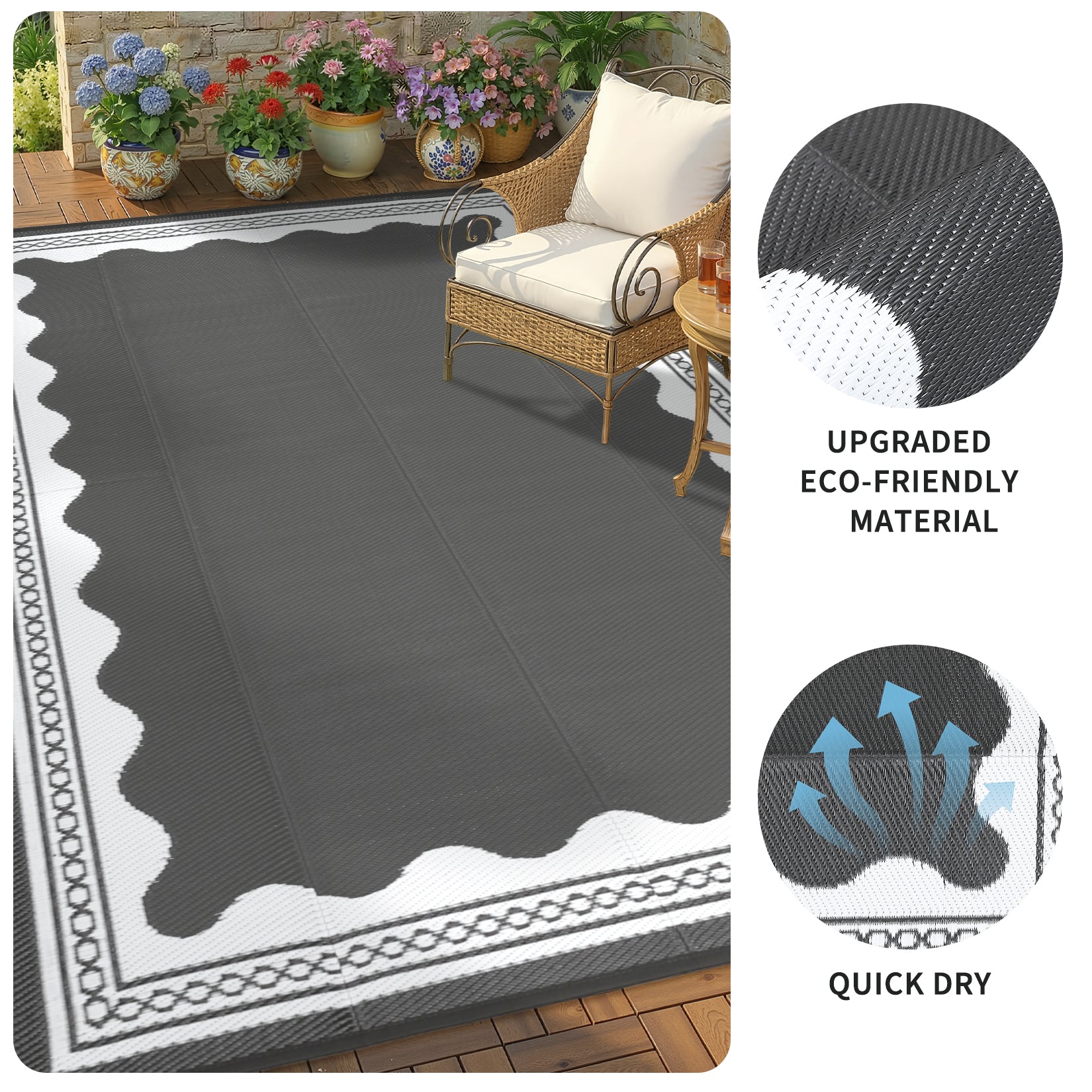Garvee Large Outdoor Rug 10x14 Waterproof Reversible Foldable Plastic Straw Scalloped Design Lightweight Patio Deck Balcony Beach