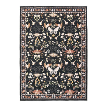 Garvee 5x7 Washable Area Rug, Non-Slip Low Pile Rug with Butterfly Floral, Stain Resistance Carpet for Living Room, Bedroom, Dining Room, Black