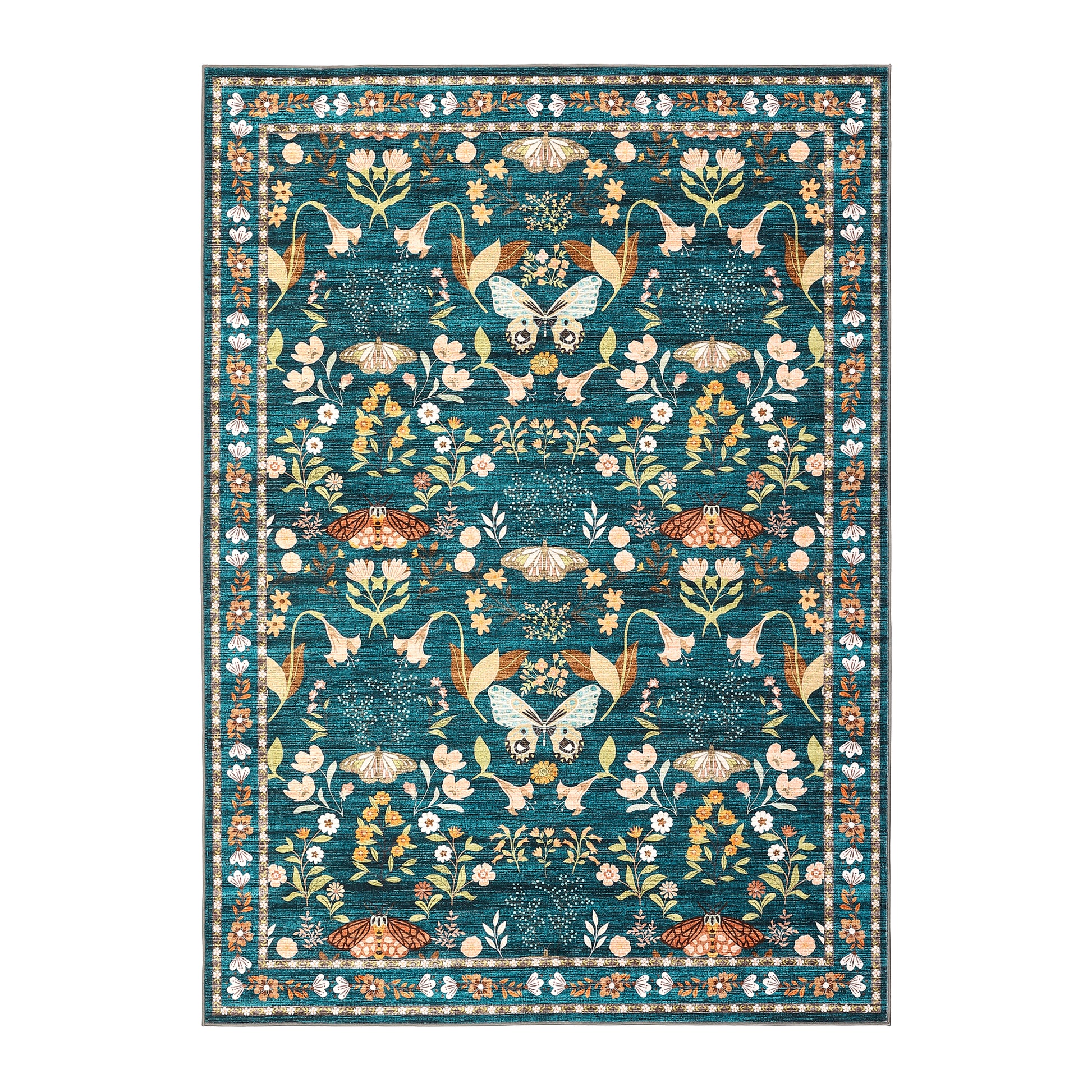 Garvee 9x12 Washable Area Rug, Non-Slip Low Pile Rug with Butterfly Floral, Stain Resistance Carpet for Living Room, Bedroom, Dining Room, Dark Green