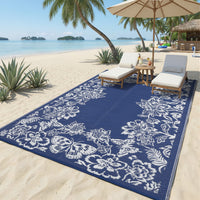 Garvee Waterproof Reversible Outdoor Rug 9x18ft - Large Plastic Straw Mat for Patio, Deck, Balcony, Camping, RV, Backyard - Easy Clean, UV Resistant, Floral Butterfly Design - Navy Blue/White