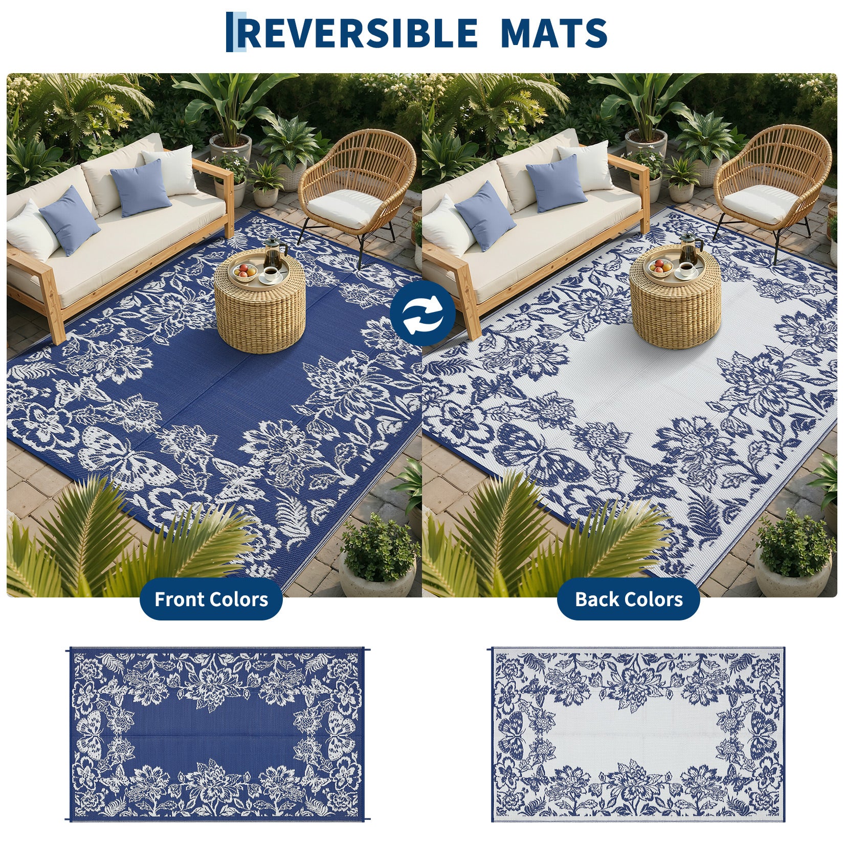 Garvee Waterproof Reversible Outdoor Rug 9x12ft - Large Plastic Straw Patio Carpet - Easy Clean, UV & Weather Resistant, Floral Design - Ideal for RV, Camping, Balcony, Deck, Backyard - Navy Blue/White