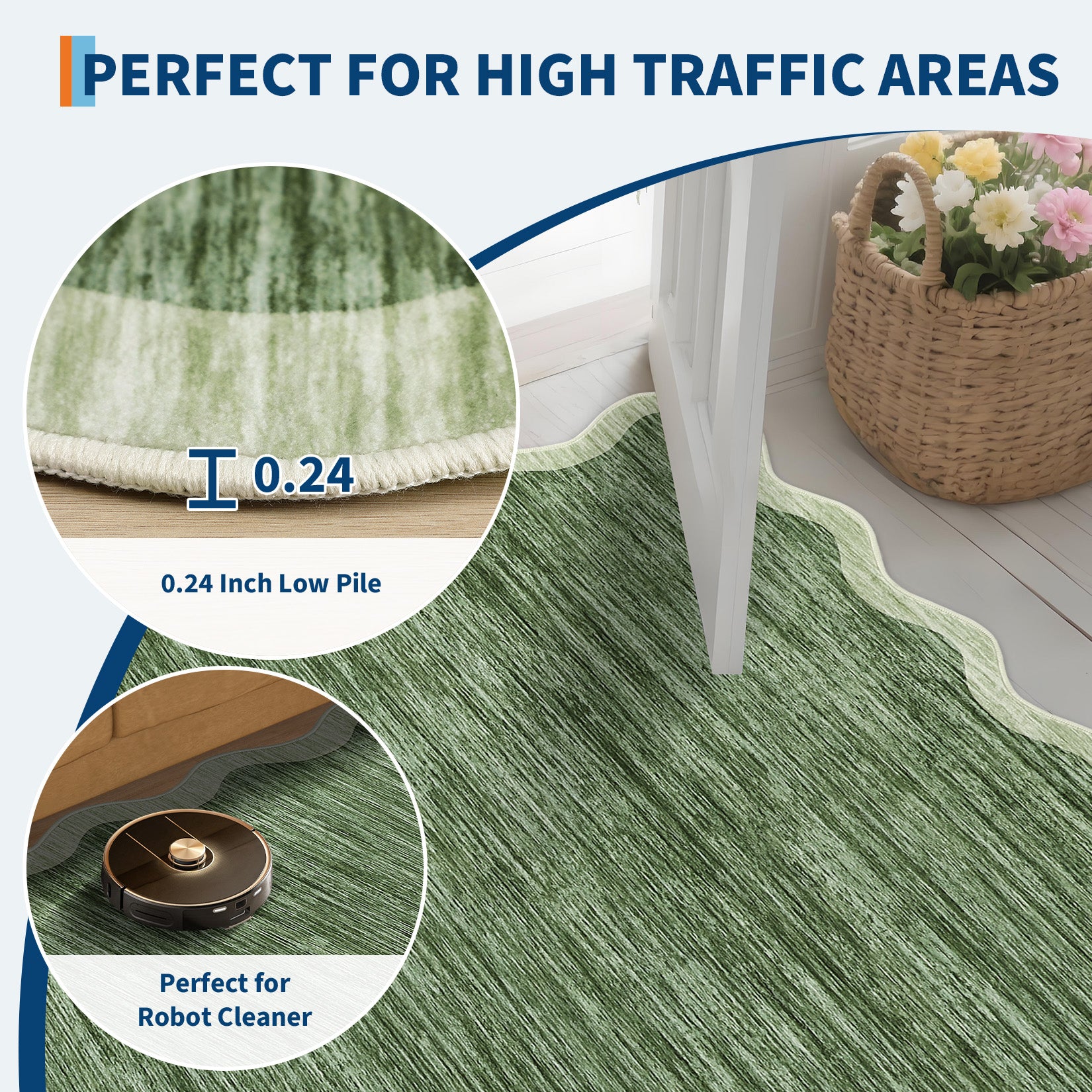 Garvee Modern Scalloped Washable Area Rug 5' × 7' – Soft Low Pile, Non-Slip, Mark Resistant Carpet for Living Room, Bedroom, Dining Room, Nursery, Office, Playroom, Under Table – Sage Green