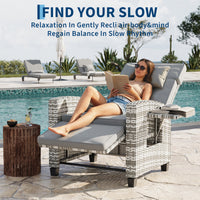 Garvee Outdoor Rattan Recliner Chair with Gray Cushion, 145° Adjustable Patio Lounge Chair with Footrest, Flip-Up Side Table & Gray White PE Wicker for Porch, Balcony, Poolside