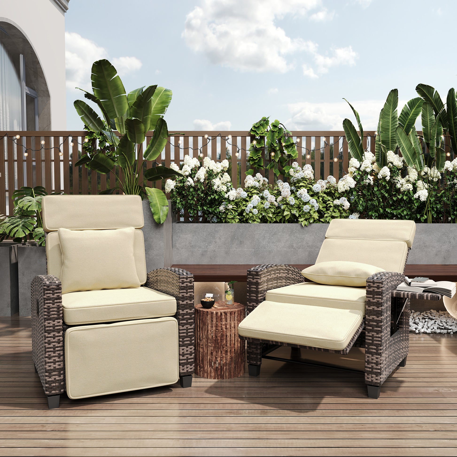 Garvee Outdoor Rattan Recliner Chair with Cushion, Adjustable Patio Lounge Chair with Footrest, Flip-Up Side Table & 145° Reclining Backrest for Porch, Balcony, Poolside, Brown Rattan + Khaki Cushion