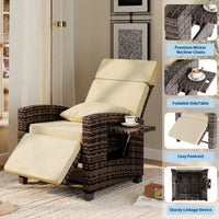 Garvee Outdoor Rattan Recliner Chair with Cushion, Adjustable Patio Lounge Chair with Footrest, Flip-Up Side Table & 145° Reclining Backrest for Porch, Balcony, Poolside, Brown Rattan + Khaki Cushion