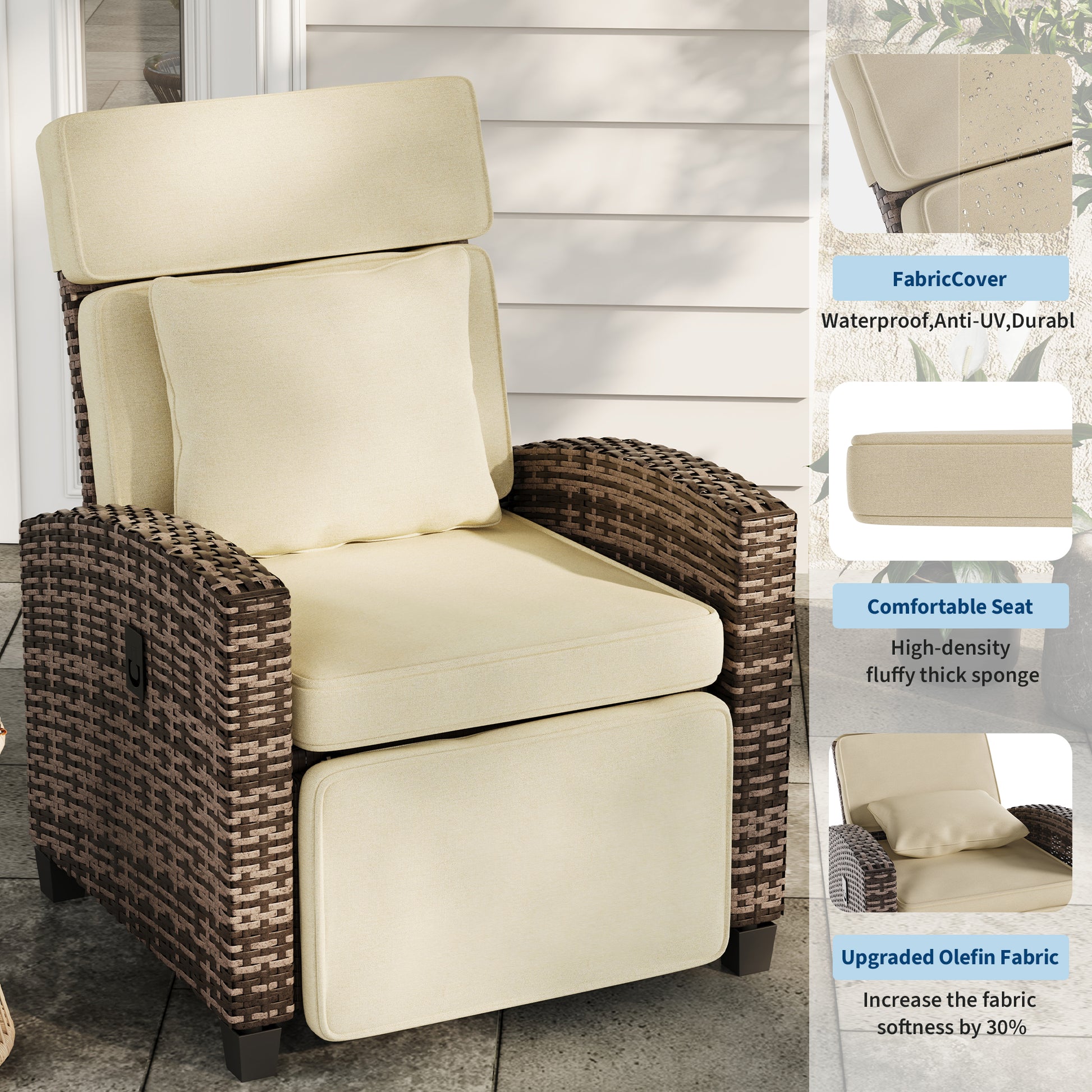 Garvee Outdoor Rattan Recliner Chair with Cushion, Adjustable Patio Lounge Chair with Footrest, Flip-Up Side Table & 145° Reclining Backrest for Porch, Balcony, Poolside, Brown Rattan + Khaki Cushion