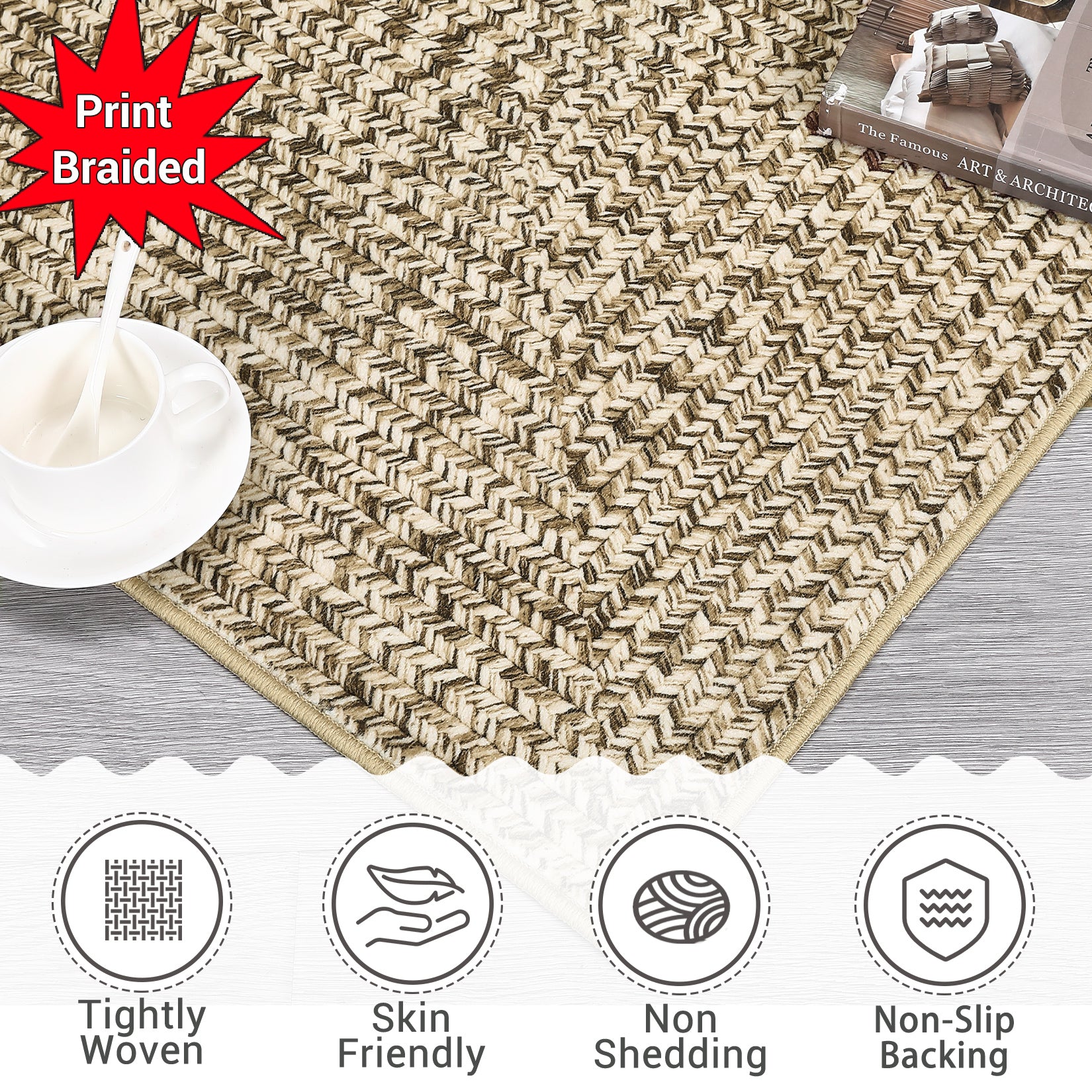 Garvee Beige Yellow 4x6 Washable Non Slip Rug Printed Braided Low Pile Rug Solid Printed Weaving Floor Cover Stain Resistant Indoor Carpet for Living Room Bedroom Home Office