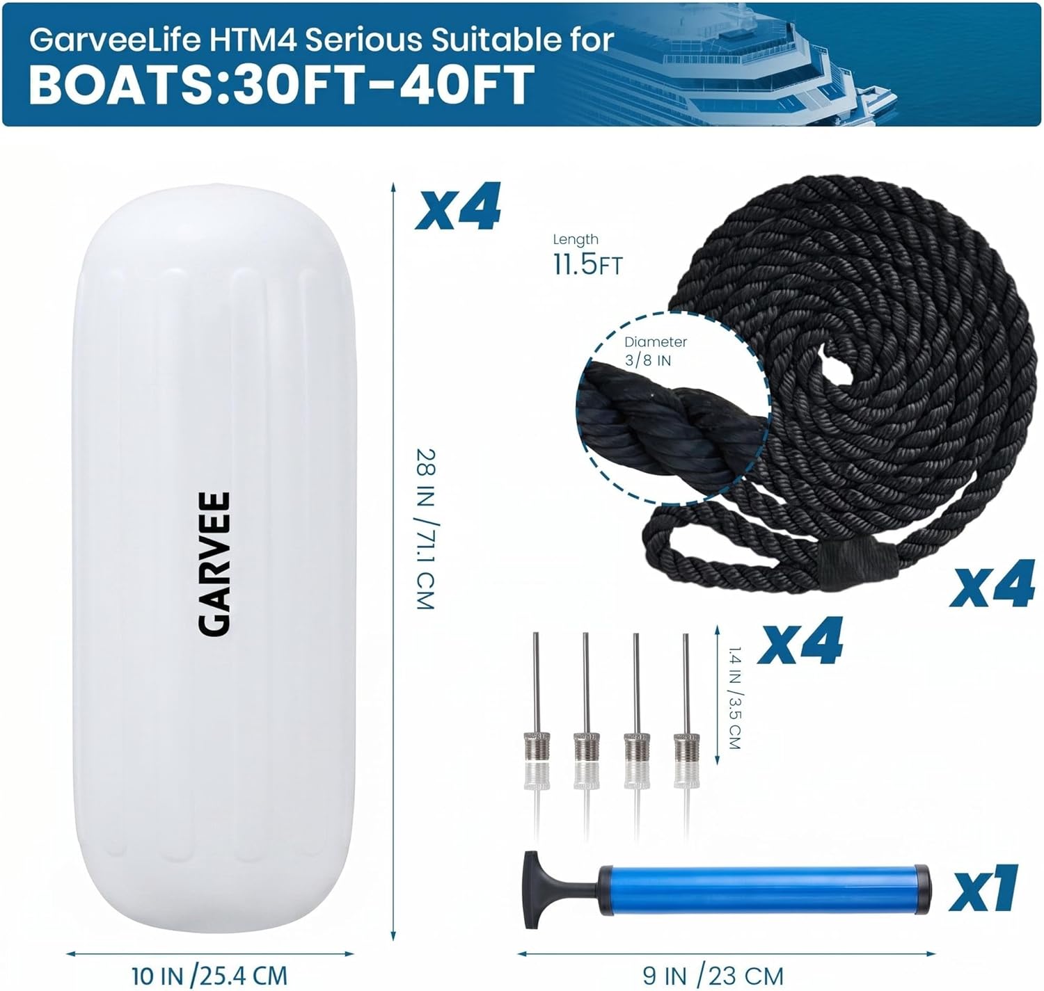 Garvee 10" x 28" HTM Boat Fender Set – 4-Pack Inflatable Center Hole Marine Boat Bumpers with Hand Pump and Storage Bag, Heavy-Duty PVC Dock Protection Guards for Yachts and Sailboats (White)