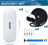 Garvee 10" x 28" HTM Boat Fender Set – 4-Pack Inflatable Center Hole Marine Boat Bumpers with Hand Pump and Storage Bag, Heavy-Duty PVC Dock Protection Guards for Yachts and Sailboats (White)