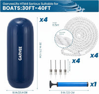 Garvee 10" x 28" HTM Boat Fender Set – 4-Pack Inflatable Center Hole Marine Boat Bumpers with Hand Pump and Storage Bag, Heavy-Duty PVC Dock Protection Guards for Yachts and Sailboats (Blue)