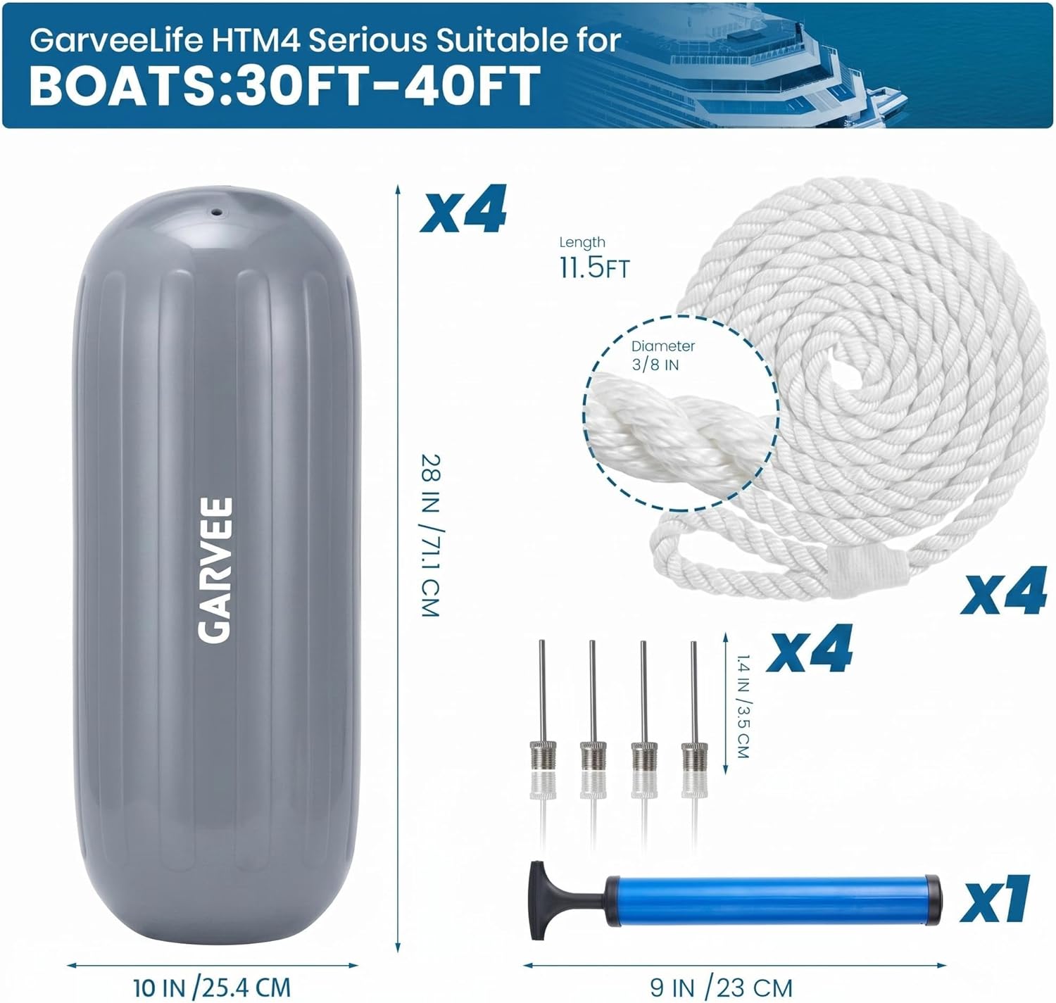 Garvee 10" x 28" HTM Boat Fender Set – 4-Pack Inflatable Center Hole Marine Boat Bumpers with Hand Pump and Storage Bag, Heavy-Duty PVC Dock Protection Guards for Yachts and Sailboats (Gray)