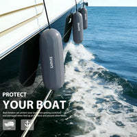 Garvee 10" x 28" HTM Boat Fender Set – 4-Pack Inflatable Center Hole Marine Boat Bumpers with Hand Pump and Storage Bag, Heavy-Duty PVC Dock Protection Guards for Yachts and Sailboats (Gray)