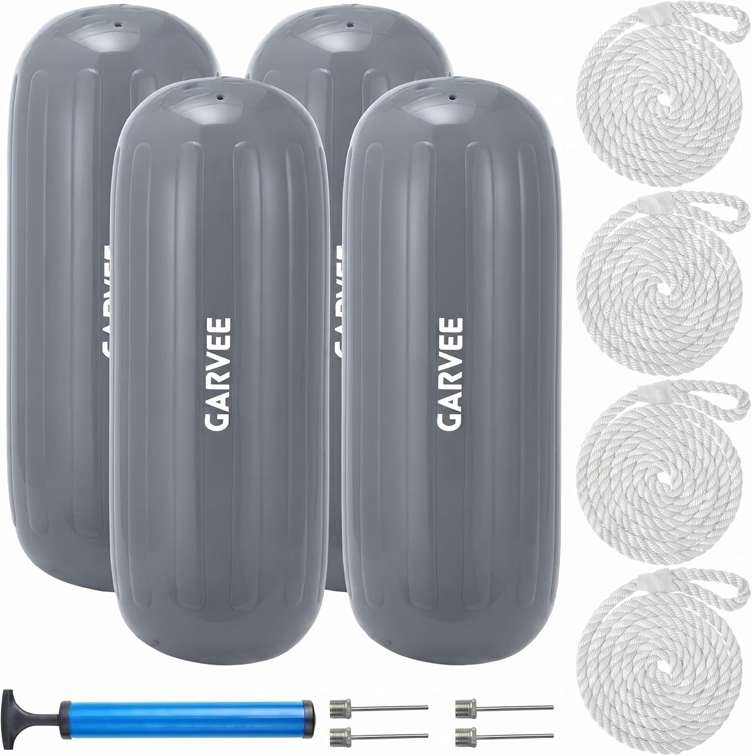 Garvee 10" x 28" HTM Boat Fender Set – 4-Pack Inflatable Center Hole Marine Boat Bumpers with Hand Pump and Storage Bag, Heavy-Duty PVC Dock Protection Guards for Yachts and Sailboats (Gray)