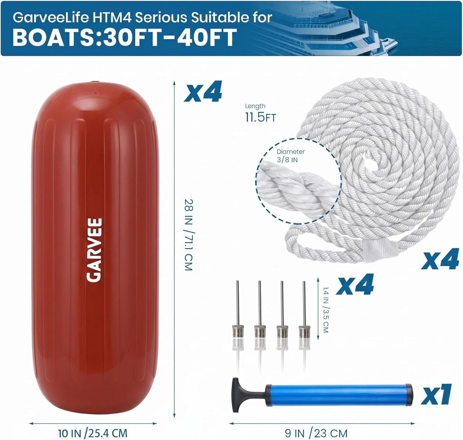 Garvee 10" x 28" HTM Boat Fender Set – 4-Pack Inflatable Center Hole Marine Boat Bumpers with Hand Pump and Storage Bag, Heavy-Duty PVC Dock Protection Guards for Yachts and Sailboats (Red)