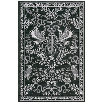 Garvee 9' x 12' Large Vintage Botanical Bird & Snake Area Rug, Washable Non-Slip Soft Low-Pile Rug for Living Room & Dining Room, Black