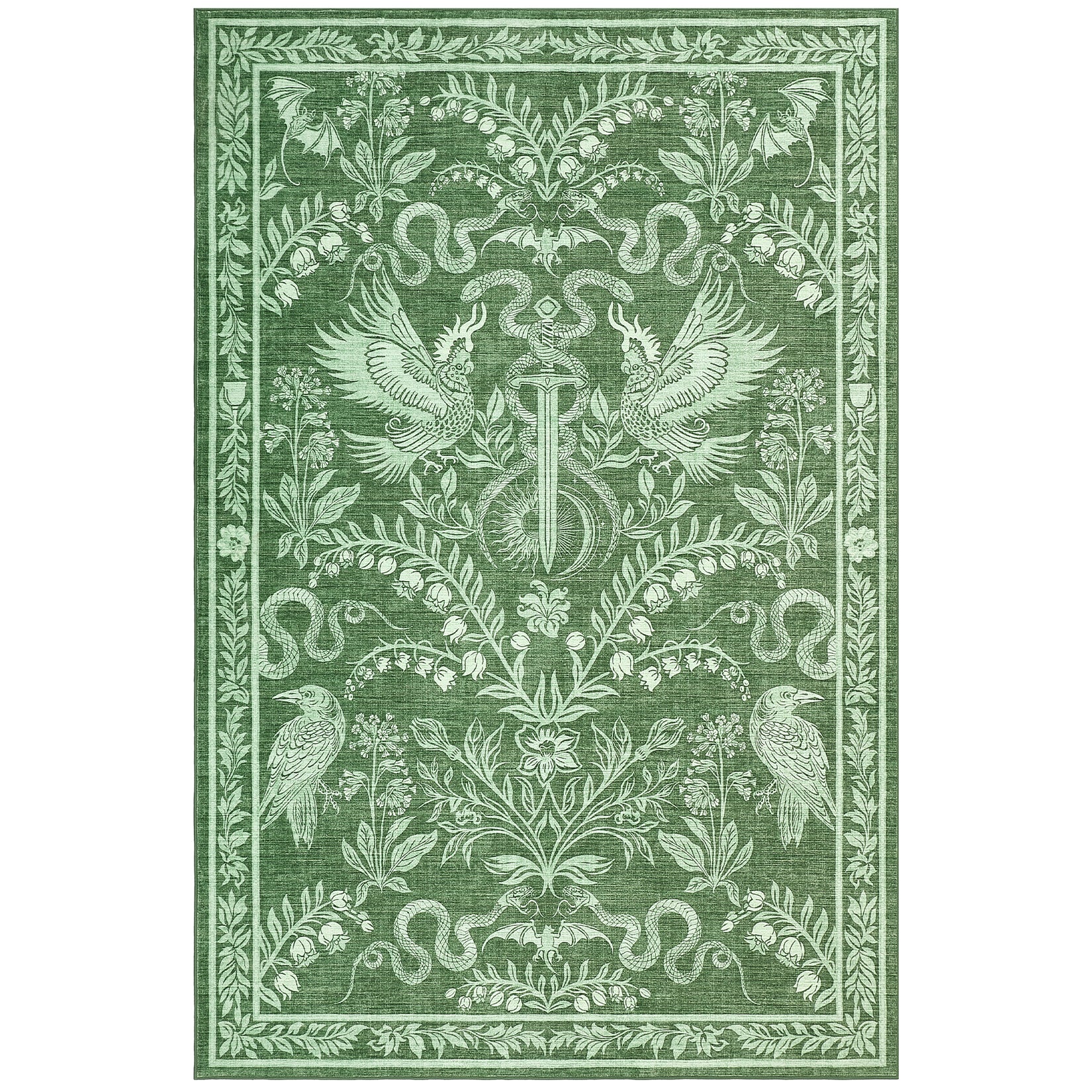 Garvee 8' x 10' Vintage Botanical Bird & Snake Area Rug, Washable Non-Slip Soft Low-Pile Rug for Living Room, Bedroom & Dining Room, Green