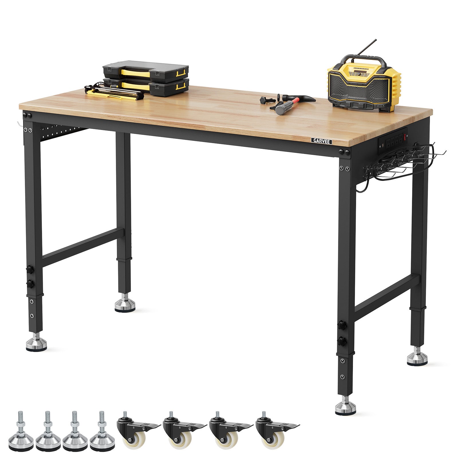 GARVEE Adjustable Workbench, 2000 lbs Load Capacity, 48 x 24 Inch Rubber Wood Top Work Bench with 4 Rolling Casters & Power Outlets, Heavy-Duty Work Table for Garage, Workshop, Office