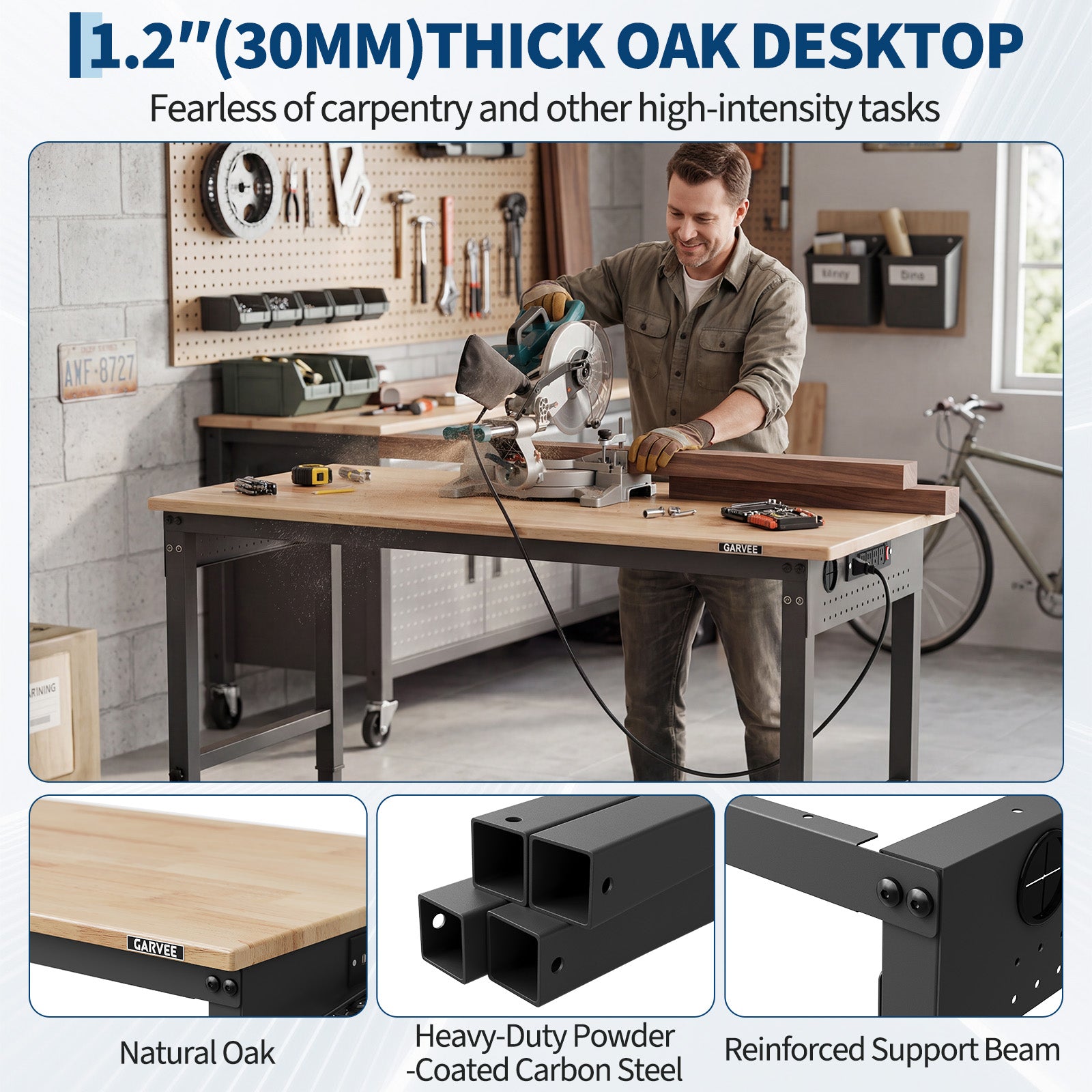 GARVEE Adjustable Workbench, 2000 lbs Load Capacity, 48 x 24 Inch Rubber Wood Top Work Bench with 4 Rolling Casters & Power Outlets, Heavy-Duty Work Table for Garage, Workshop, Office